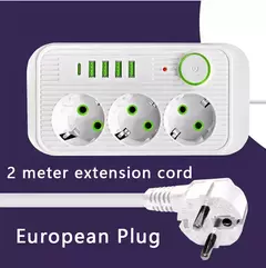 Régua de energia da ue, 4 portas usb 1 tipo-c com cabo de extensão de 2m, filt - comprar online