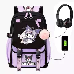 Purple Kuromi Melody School Bags para homens e mulheres, USB, Capacidade Laptop