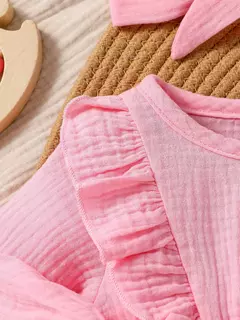 Bebê menina plissado manga manga comprida blusa arco frente macacão, macacão