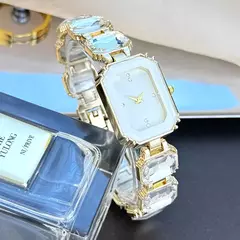 Feminino grande seção strass corrente retangular cor caso strass dial moda - Show Drop