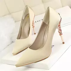 Mulher 10cm salto alto metal saltos finos vestido de seda moda boca rasa dedo do