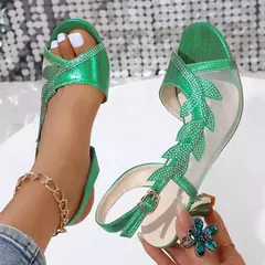 Moda feminina cristal elegante de salto alto verão peep toe fivela cinta sapato - loja online