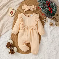 Bebê menina plissado manga manga comprida blusa arco frente macacão, macacão - comprar online
