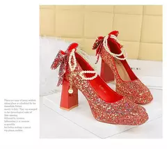 Banquete de casamento novo doce pérolas de um comprimento salto alto feminino s - Show Drop