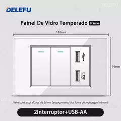 DELEFU 4*2 Vidro Temperado Branco Tomada Padrão Brasil com Dupla USB Tipo C Tom