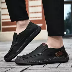 Sapatos masculinos casuais confortáveis deslizamento em mocassins de couro apar - Show Drop