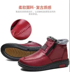 Imagem do Botas de neve de inverno mulheres bota de tornozelo retro couro do plutônio mãe sapatos de pelúcia quente confortável zíper à prova dwaterproof água calçados femininos botas mujer