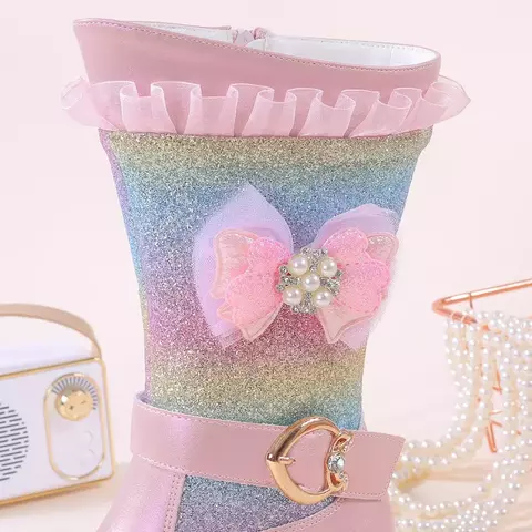 2025 novas crianças princesa salto alto outono inverno moda arco-íris cor mais