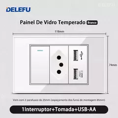 DELEFU 4*2 Vidro Temperado Branco Tomada Padrão Brasil com Dupla USB Tipo C Tom - comprar online