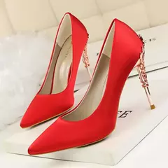 Imagem do Mulher 10cm salto alto metal saltos finos vestido de seda moda boca rasa dedo do