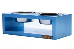 Comedouro Duplo de Madeira com Potes Inox para gatos e cachorros Cor azul