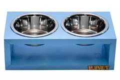 Comedouro Duplo de Madeira com Potes Inox para gatos e cachorros Cor azul na internet
