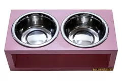 Comedouro Duplo de Madeira com Potes Inox para gatos e cachorros Cor rosa - Viasupervia
