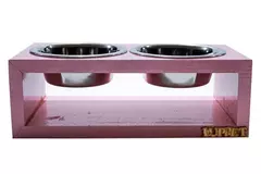 Comedouro Duplo de Madeira com Potes Inox para gatos e cachorros Cor rosa na internet