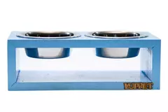 Comedouro Duplo de Madeira com Potes Inox para gatos e cachorros Cor azul - comprar online