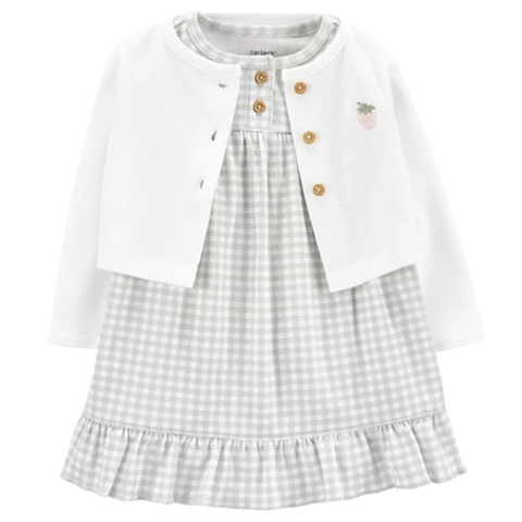 Conjunto bebê body vestido xadrez e cardigan bordado Carter’s