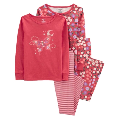 Pijama longo infantil 4 peças borboleta e floral rosa Carter's
