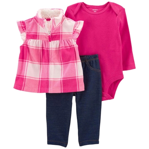 Conjunto bebê 3 peças colete xadrez rosa Carter’s