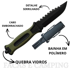 Faca Tática com Quebra Vidro e Cabo Emborrachado Verde