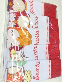 Imagem do Kit 7 peças Pano de Prato Aplicado Semaninha, Vermelho Coruja