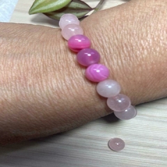 Pulseira de Quartzo Rosa e Detalhe em Pedras Cor de Rosa - Pedras Naturais - Gotas de Orvalho - Artesanato
