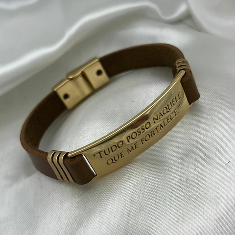 Pulseira de Couro Com Placa "Tudo Posso Naquele Que me Fortalece"