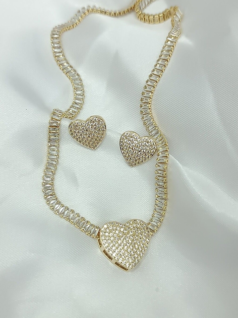 Colar e Brinco Riviera Coração Dourado