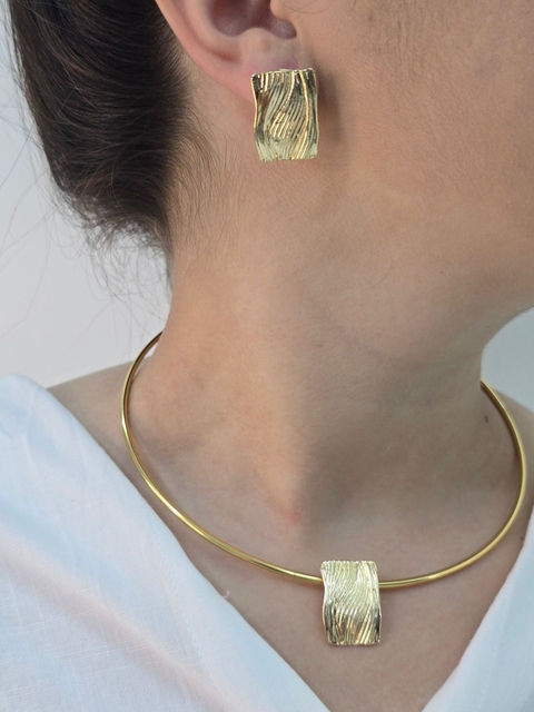 Colar e Brinco Aro Texturizado Dourado