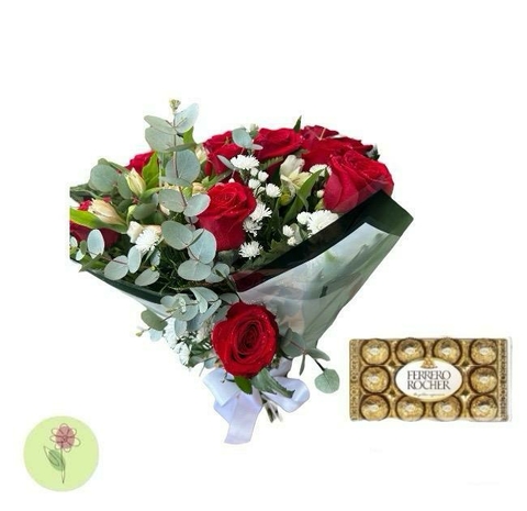 Buquê com 12 Rosas Colombianas e Ferrero Rocher