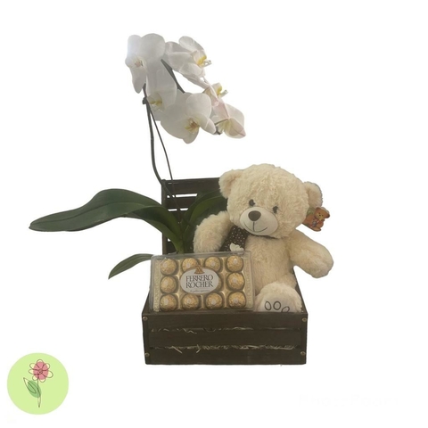 Baú Madeira com Pelúcia e Orquídea