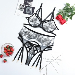 Langerie erótica conjunto mulher 3 peças sensual bordado transparente - comprar online