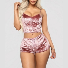 Conjunto de pijama feminino estampado de seda com decote em V
