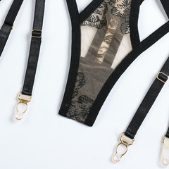 Langerie erótica conjunto mulher 3 peças sensual bordado transparente - comprar online