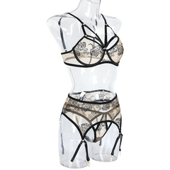 Langerie erótica conjunto mulher 3 peças sensual bordado transparente - comprar online