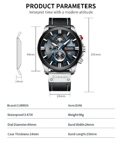 Relógio Curren modelo masculino luxo pulseira de couro e a prova dágua. - loja online