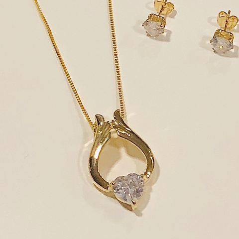 Conjunto de colar e brinco Ponto de luz coração banho ouro 18k (CJ1058)