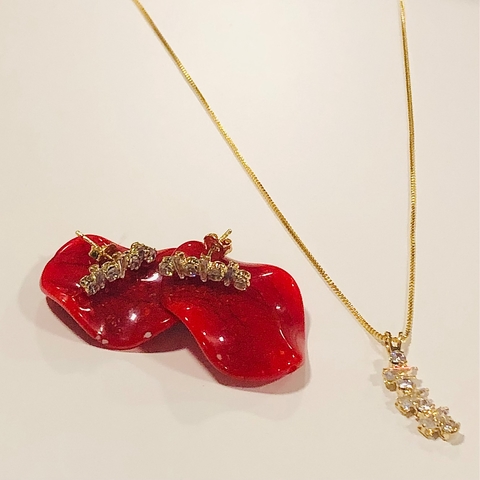 Conjunto de colar e brinco Ear Cuff em Zircônia banho ouro 18k (CJ1056)