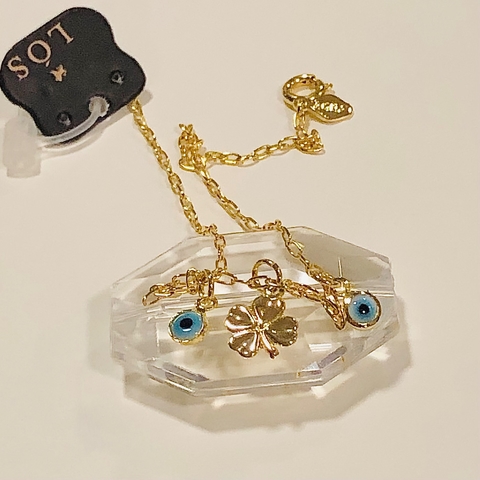 Tornozeleira 23cm Olho Grego e Trevo da Sorte banho ouro 18k (TOR1104)