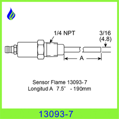 Sensor de llama MAXON  18117 varilla para quemador, con conexión metálica y cerámica blanca.