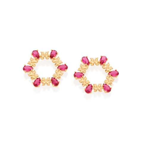 527020 Brinco Rommanel botão folheado a ouro flores e zircônias gota