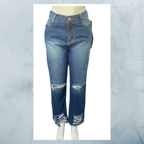 Calça Mom detalhes destroyed e barras dersfiadas Azul -9138