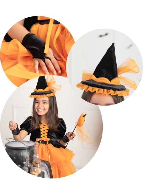 Combo Bruxinha Abóbora: Vestido + Luva + Chapéu