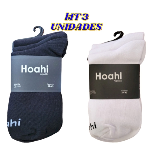 Kit com 3 pares de meias masculinas Hoahi em algodão, tamanhos 39 a 43, nas cores preta e branca.