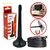 Antena digital interna Tomate MOD 5015 preta com cabo longo, ao lado da embalagem vermelha e branca, mostrando uso em sala com TV e ícone de ímã destacando fixação magnética