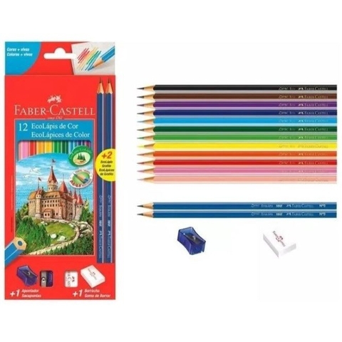 kit lapis de cor faber castell 12 lapis + apontador + borracha.