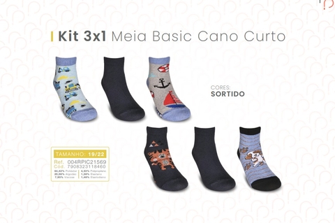 Kit com 3 pares de meias infantis masculinas Rafa Parize tamanho 19 a 22, cores sortidas e estampas variadas, incluindo desenhos de carros, âncora, tigre e cachorro