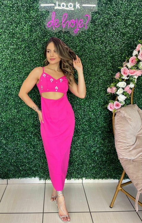VESTIDO MIDI PEDRARIA ROSA