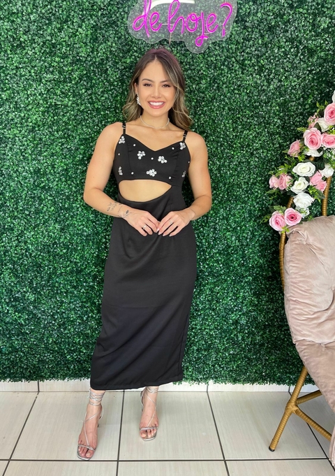 VESTIDO MIDI PEDRARIA PRETO