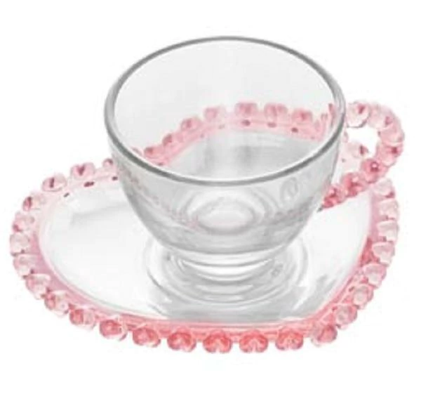 Xícara Para Café Pires De Cristal Coração Borda Rosa 80Ml
