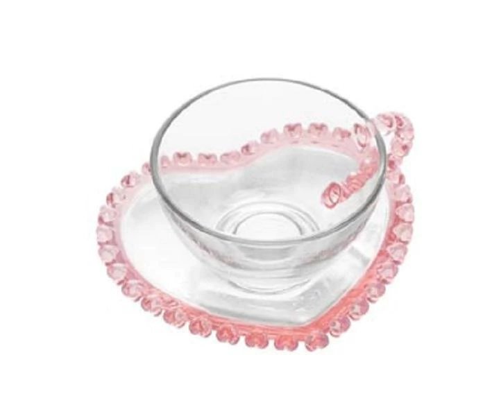 Xícara Para Chá Com Pires Cristal Coração Borda Rosa 170Ml